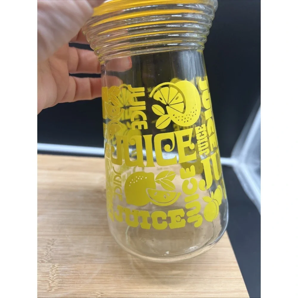 Vintage Glass Juice Carafe Pitcher with Pour Lid Lemon Yellow Design 24 oz MCM